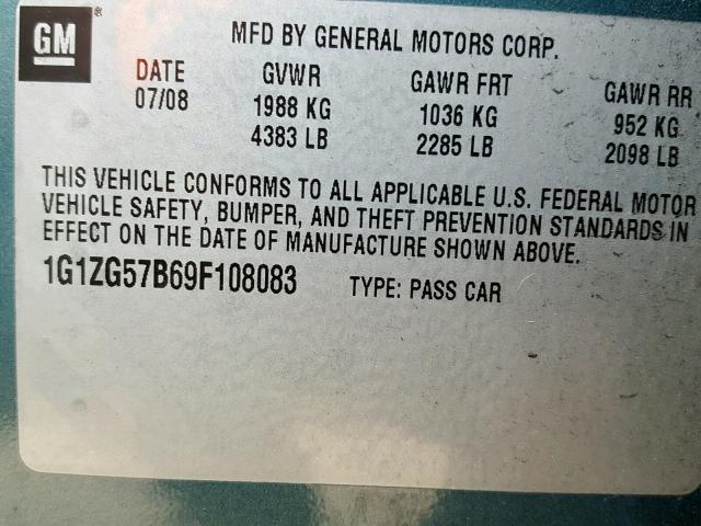 1G1ZG57B69F108083 - 2009 CHEVROLET MALIBU LS TEAL photo 10