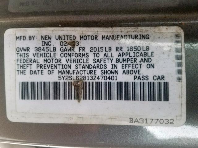 5Y2SL62813Z470401 - 2003 PONTIAC VIBE GRAY photo 10