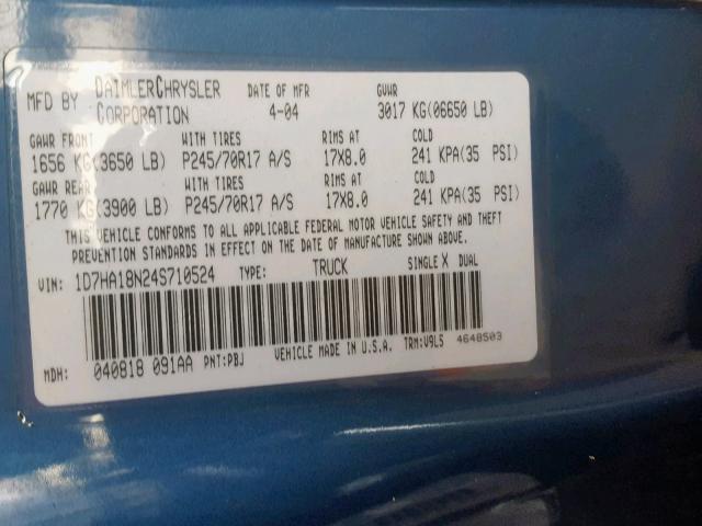 1D7HA18N24S710524 - 2004 DODGE RAM 1500 S BLUE photo 10