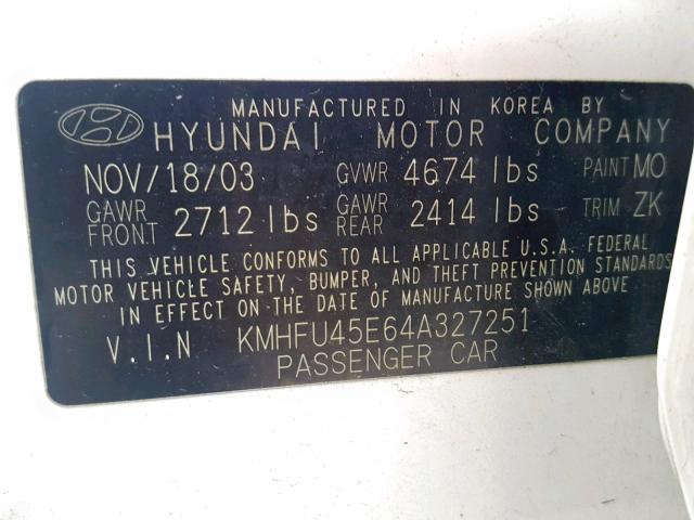 KMHFU45E64A327251 - 2004 HYUNDAI XG 350 WHITE photo 10