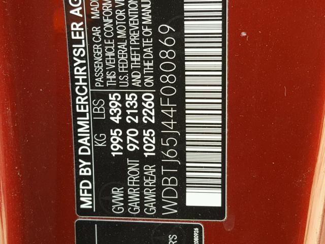 WDBTJ65J44F080869 - 2004 MERCEDES-BENZ CLK 320C RED photo 10