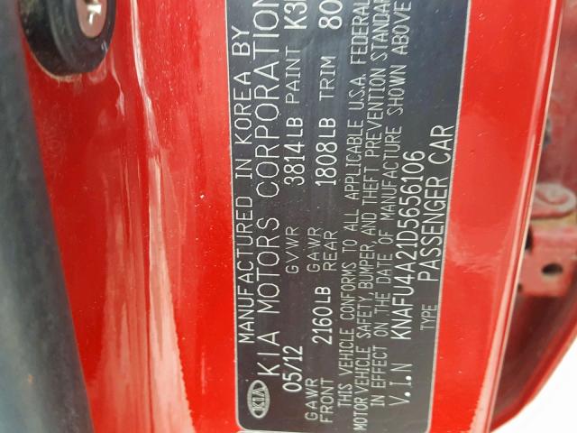 KNAFU4A21D5656106 - 2013 KIA FORTE EX RED photo 10