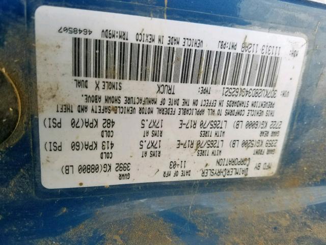 3D7KU28D34G162521 - 2004 DODGE RAM 2500 S Կապույտ լուսանկար 10