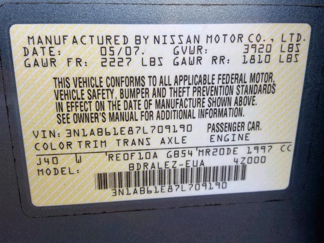 3N1AB61E87L709190 - 2007 NISSAN SENTRA 2.0 GREEN photo 10