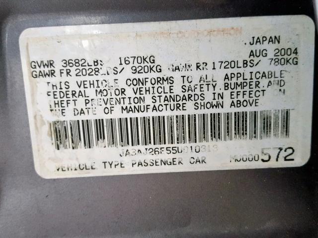 JA3AJ26E55U010313 - 2005 MITSUBISHI LANCER ES GRAY photo 10