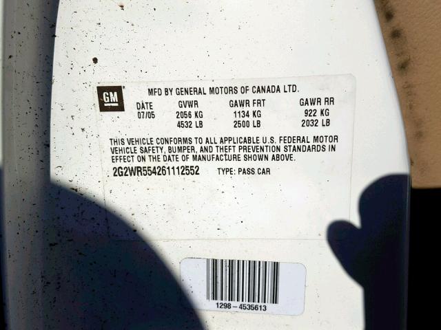 2G2WR554261112552 - 2006 PONTIAC GRAND PRIX WHITE photo 10