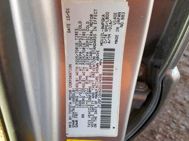 JTJGF10U420124066 - 2002 LEXUS RX 300 SILVER photo 10