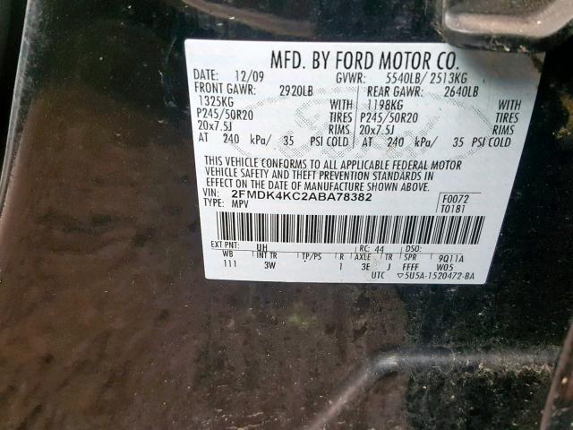 2FMDK4KC2ABA78382 - 2010 FORD EDGE LIMIT BLACK photo 10