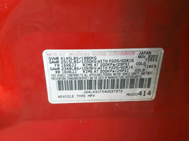 JA4LX31F54U037373 - 2004 MITSUBISHI OUTLANDER RED photo 10