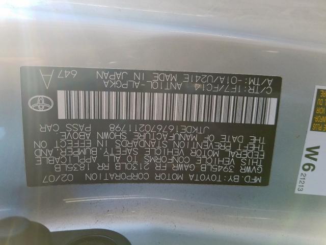 JTKDE167670211798 - 2007 TOYOTA SCION TC 银色 照片 10