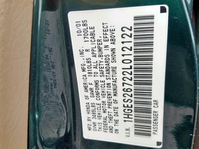 1HGES26722L012122 - 2002 HONDA CIVIC EX GREEN photo 10