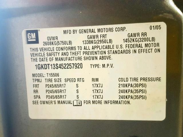 1GKDT13S452257920 - 2005 GMC ENVOY SILVER photo 10