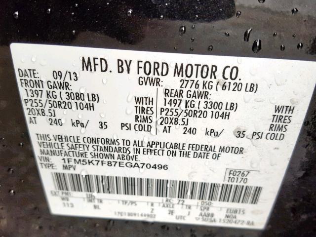 1FM5K7F87EGA70496 - 2014 FORD EXPLORER L BLACK photo 10