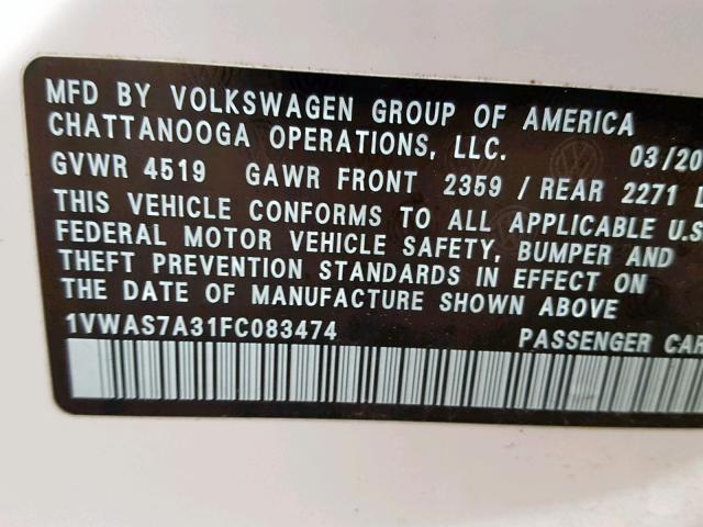 1VWAS7A31FC083474 - 2015 VOLKSWAGEN PASSAT S WHITE photo 10