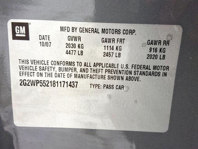 2G2WP552181171437 - 2008 PONTIAC GRAND PRIX GRAY photo 10