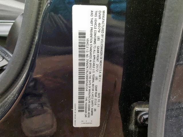 3VW2K7AJ9BM058334 - 2011 VOLKSWAGEN JETTA BASE 黑色 照片 10