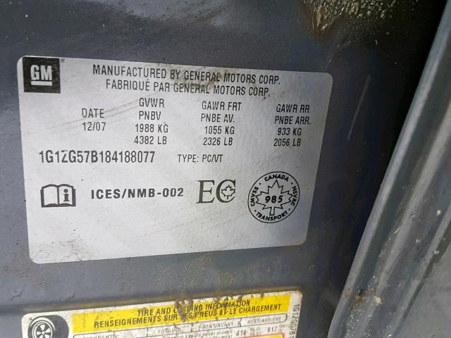 1G1ZG57B184188077 - 2008 CHEVROLET MALIBU LS GRAY photo 10