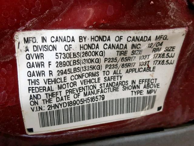 2HNYD18905H516579 - 2005 ACURA MDX TOURIN MAROON photo 10