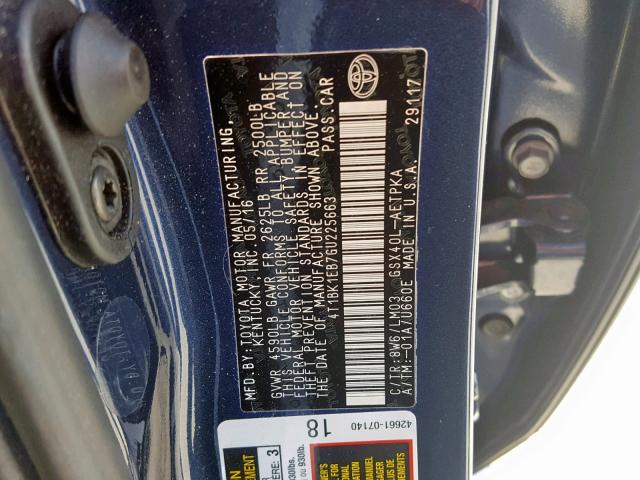 4T1BK1EB7GU225663 - 2016 TOYOTA AVALON XLE BLUE photo 10