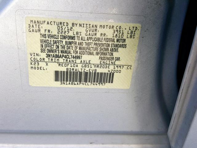 3N1AB6AP4CL744997 - 2012 NISSAN SENTRA 2.0 SILVER photo 10