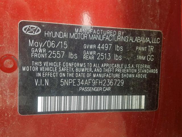 5NPE34AF9FH236729 - 2015 HYUNDAI SONATA SPO BURGUNDY photo 10