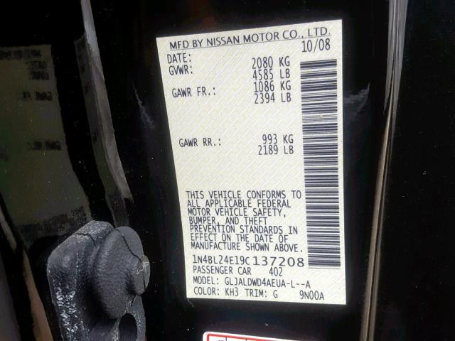 1N4BL24E19C137208 - 2009 NISSAN ALTIMA 3.5 BLACK photo 10