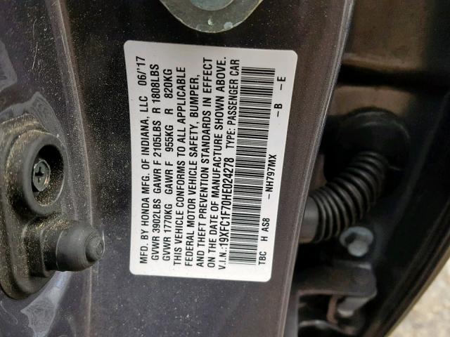 19XFC1F70HE024278 - 2017 HONDA CIVIC EXL GRAY photo 10