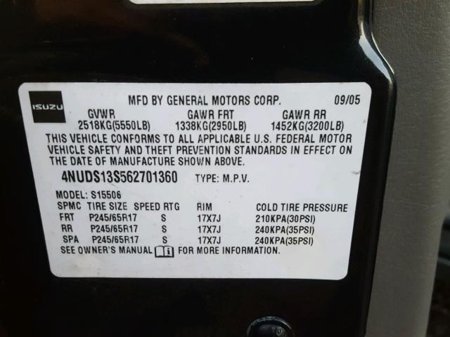 4NUDS13S562701360 - 2006 ISUZU ASCENDER S 黑色 照片 10