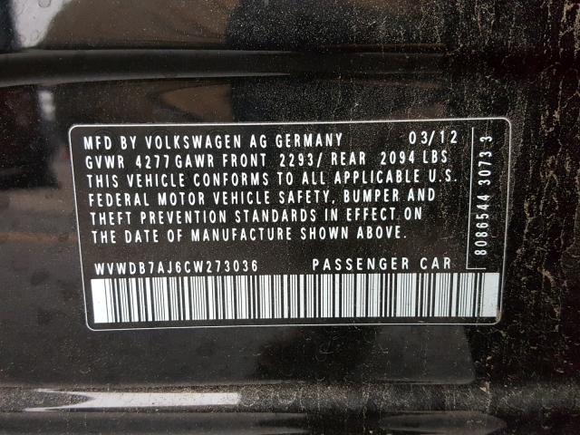 WVWDB7AJ6CW273036 - 2012 VOLKSWAGEN GOLF 黑色 照片 10