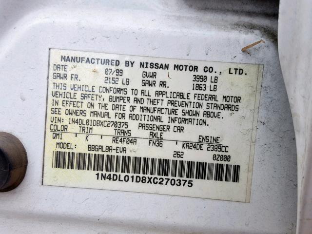 1N4DL01D8XC270375 - 1999 NISSAN ALTIMA XE WHITE photo 10