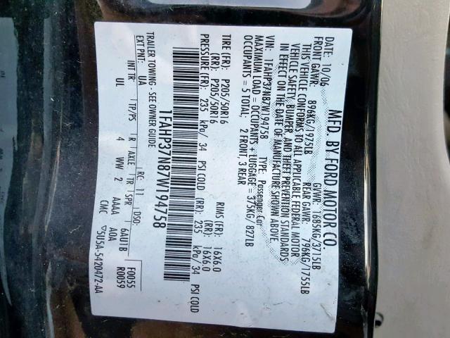 1FAHP37N87W194758 - 2007 FORD FOCUS ZX5 BLACK photo 10