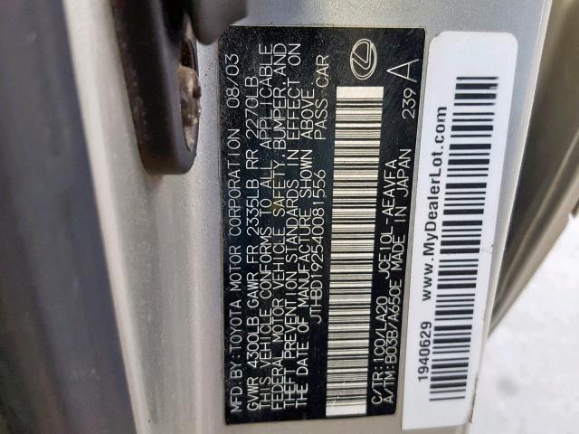 JTHBD192540081556 - 2004 LEXUS IS 300 SILVER photo 10