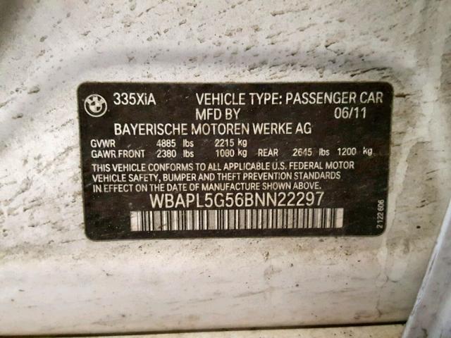 WBAPL5G56BNN22297 - 2011 BMW 335 XI WHITE photo 10