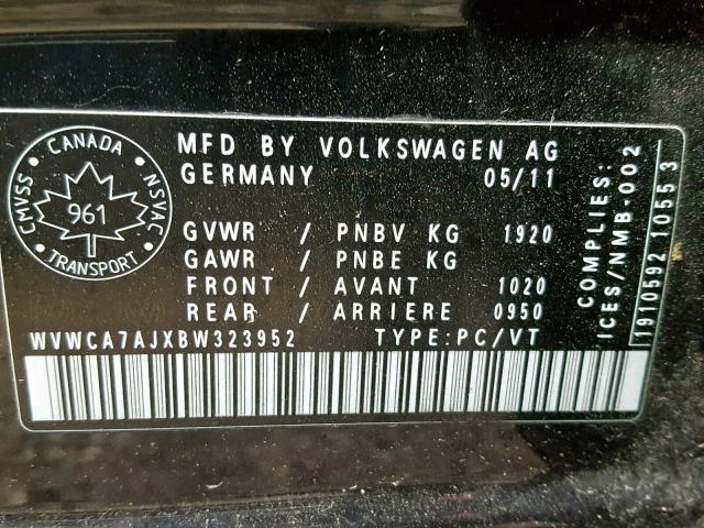 WVWCA7AJXBW323952 - 2011 VOLKSWAGEN GOLF BLACK photo 10
