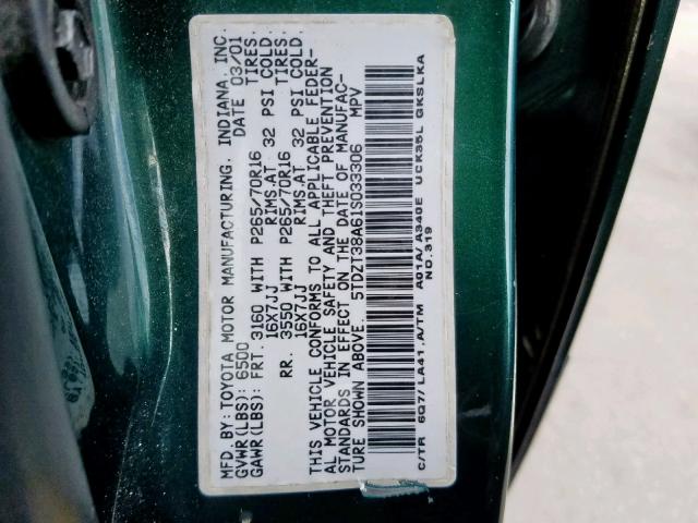 5TDZT38A61S033306 - 2001 TOYOTA SEQUOIA LI GREEN photo 10