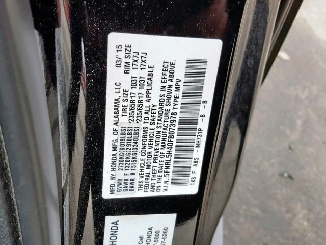 5FNRL5H40FB073978 - 2015 HONDA ODYSSEY EX BLACK photo 10