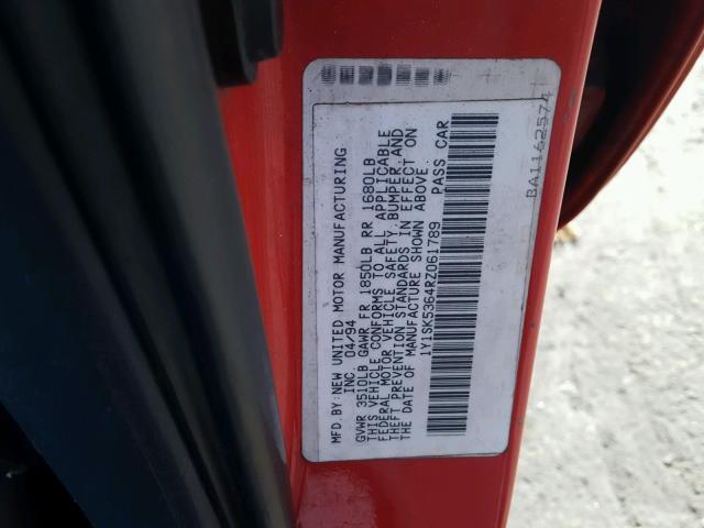 1Y1SK5364RZ061789 - 1994 GEO PRIZM BASE წითელი ფოტო 10