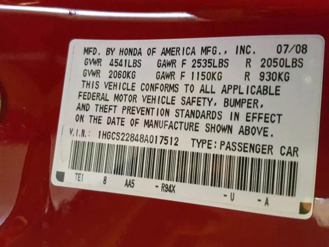 1HGCS22848A017512 - 2008 HONDA ACCORD EXL RED photo 10