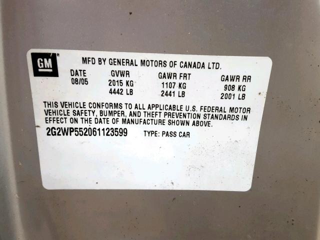 2G2WP552061123599 - 2006 PONTIAC GRAND PRIX BLUE photo 10