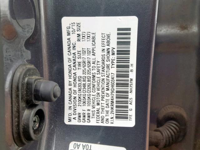 2HKRM4H79GH603417 - 2016 HONDA CR-V EXL GRAY photo 10