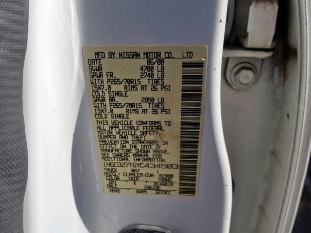 1N6ED27T6YC434503 - 2000 NISSAN FRONTIER C WHITE photo 10