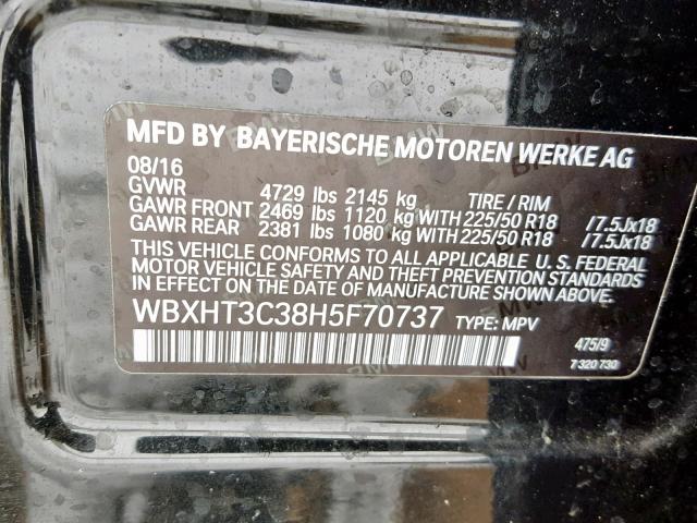 WBXHT3C38H5F70737 - 2017 BMW X1 XDRIVE2 BLACK photo 10