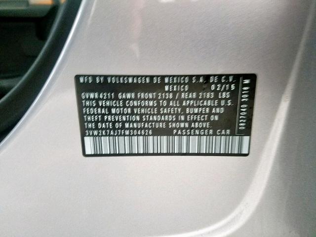 3VW2K7AJ7FM304626 - 2015 VOLKSWAGEN JETTA BASE 银色 照片 10