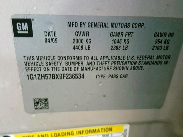 1G1ZH57BX9F236534 - 2009 CHEVROLET MALIBU 1LT ოქროსფერი ფოტო 10