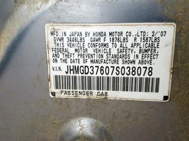 JHMGD37607S038078 - 2007 HONDA FIT S SILVER photo 10