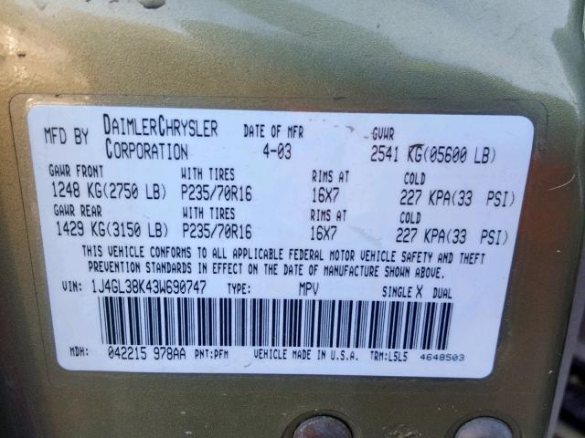 1J4GL38K43W690747 - 2003 JEEP LIBERTY RE GREEN photo 10