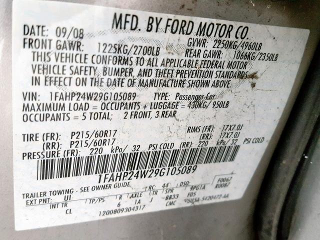 1FAHP24W29G105089 - 2009 FORD TAURUS SEL SILVER photo 10