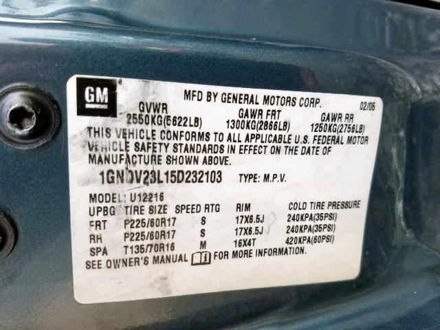 1GNDV23L15D232103 - 2005 CHEVROLET UPLANDER L BLUE photo 10