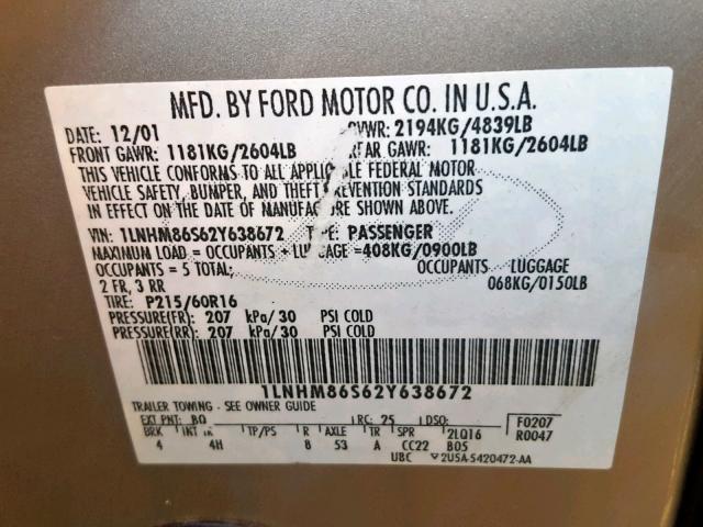 1LNHM86S62Y638672 - 2002 LINCOLN LS BEIGE photo 10