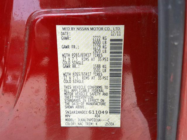 5N1AR1NN0CC611049 - 2012 NISSAN PATHFINDER RED photo 10